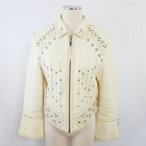 Double D Ranch studded ivory leather biker jacket distressed western size medium
